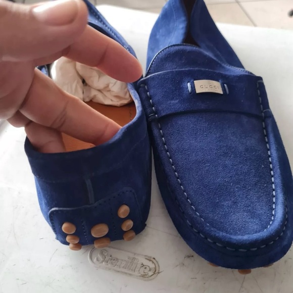 Gucci Men's Blue Suede Driver Loafers Size 12 US - Picture 2 of 11